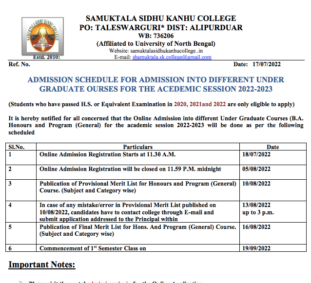 Samuktala Sidhu Kanhu College Merit List 2023 | Admission BA BSc Counselling 1st 2nd List {Published}