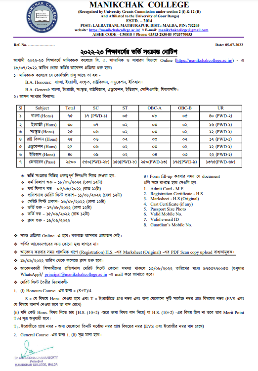 Manikchak College Merit List 2023 | {out} Provisional Admission List