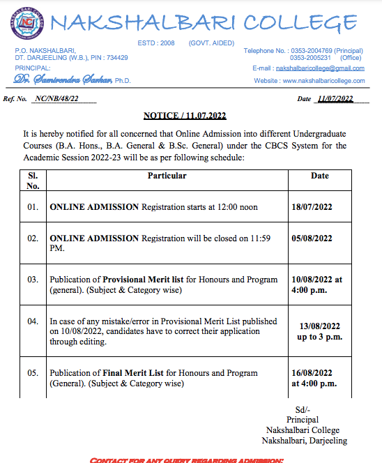 Nakshalbari College Merit List 2023 ; Provisional Admission List BA, BSc, Honours General {Out}