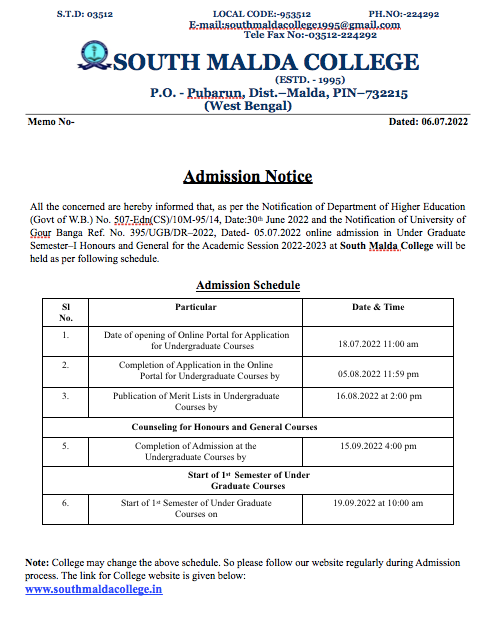 South Malda College Merit List 2023 |  Admission BA / B.Sc Hons Gen {Published}