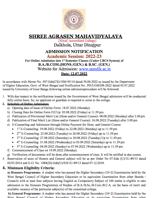 Shree Agrasen Mahavidyalaya Merit List 2023 | Dalkhola College Admission BA