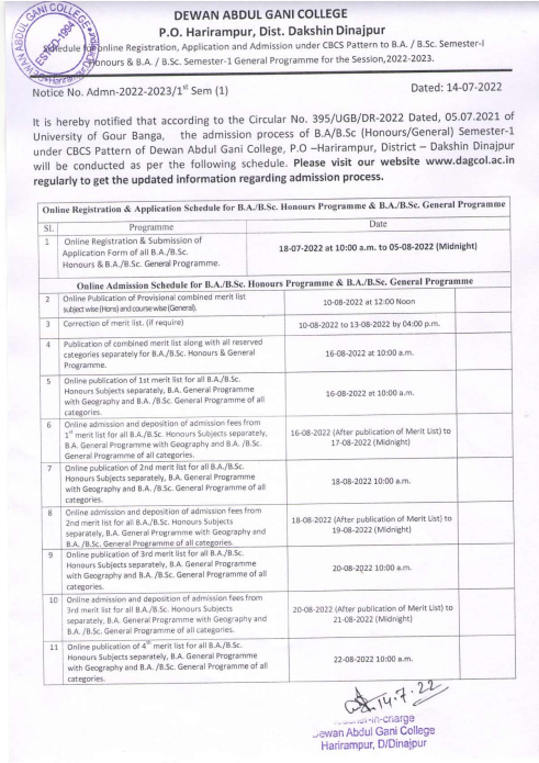 Dewan Abdul Gani College Admission Schedule 2023