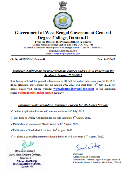 Dantan 2 Government College Merit List 2024; Provisional list Hons / Gen {Released} 8th August