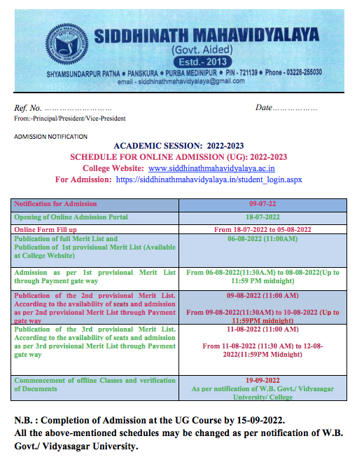 Siddhinath Mahavidyalaya Merit List 2023 ; Provisional Admission List 6th Aug {Released}