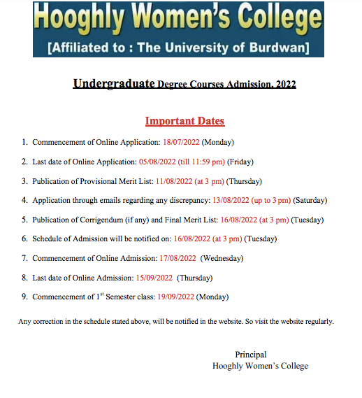 Hooghly Women's College Merit List 2023 Provisional Merit List Published 11th August 2024