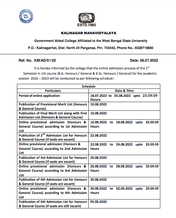 Kalinagar Mahavidyalaya Merit List 2024 Provisional List Online BA / BSc {Released} 10th Aug