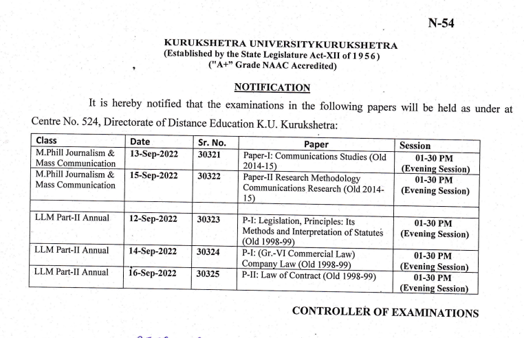 Kurukshetra University Exam Date Sheet 2023; {Out} BA BSc BCom
