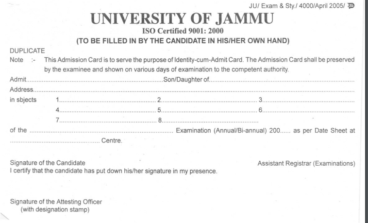 Jammu University Admit Card 2023