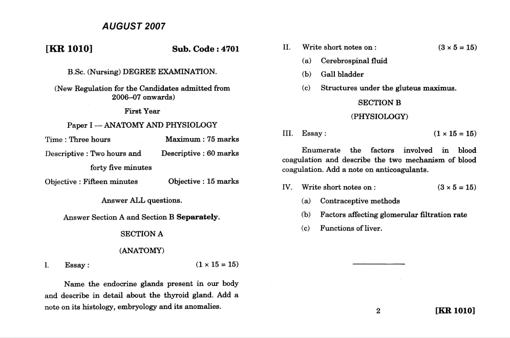 B.Sc Nursing Question Paper