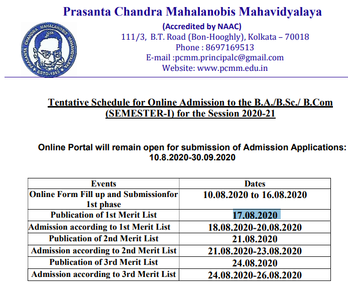 Prasanta Chandra Mahalanobis Mahavidyalaya Merit List 2020 Publishing Date 17 August (Today)