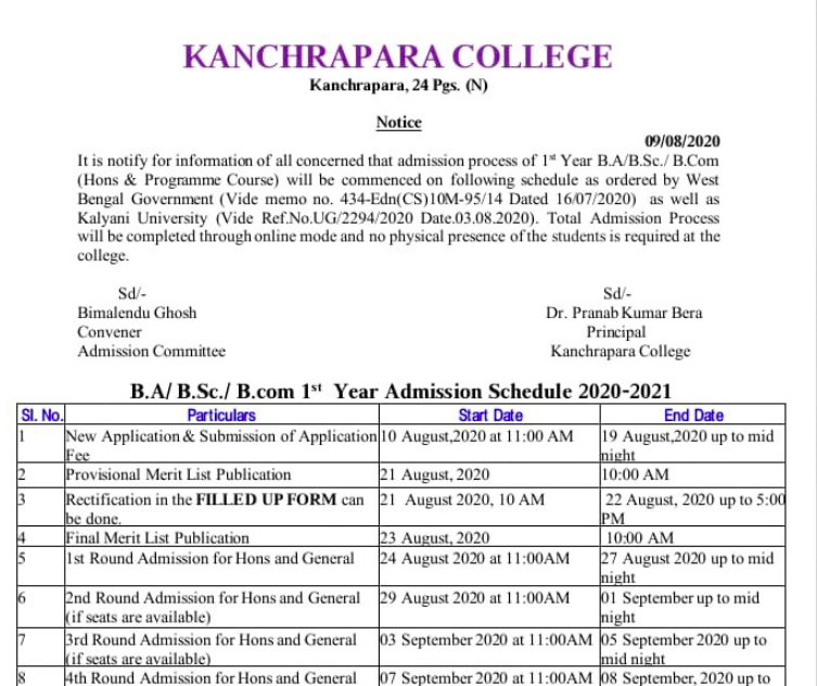 kanchrapara college merit list 2020-21 ba bsc bcom Admission Related news upload here