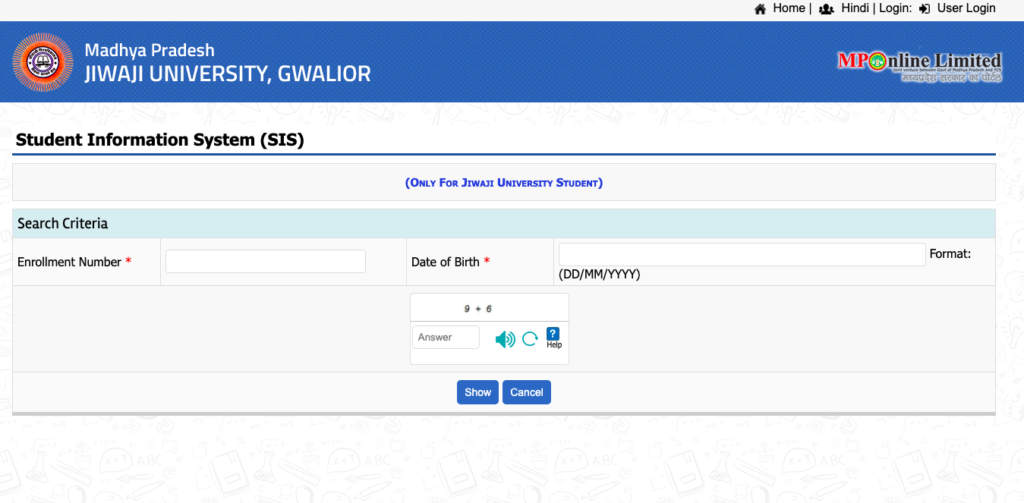 jiwaji university sis login portal 2024