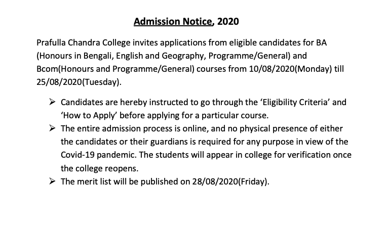 prafulla chandra college merit list notice 2020-21