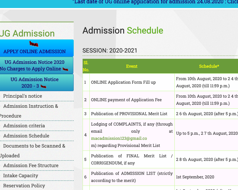 maulana azad college merit list schedule 2020-21