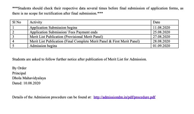 Dhola Mahavidyalaya merit list schedule 2020 download