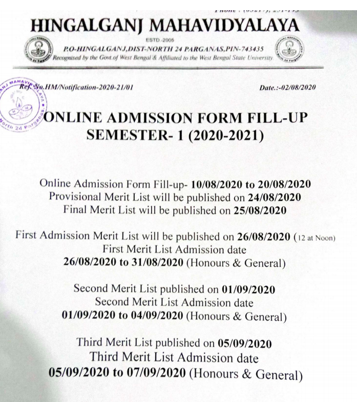 Hingalganj Mahavidyalaya merit list notice 2020