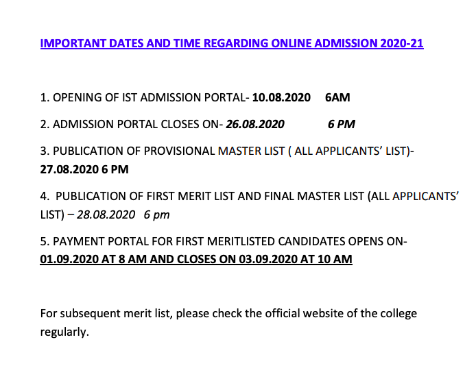Sivanath Sastri College Merit List notice 2020-21