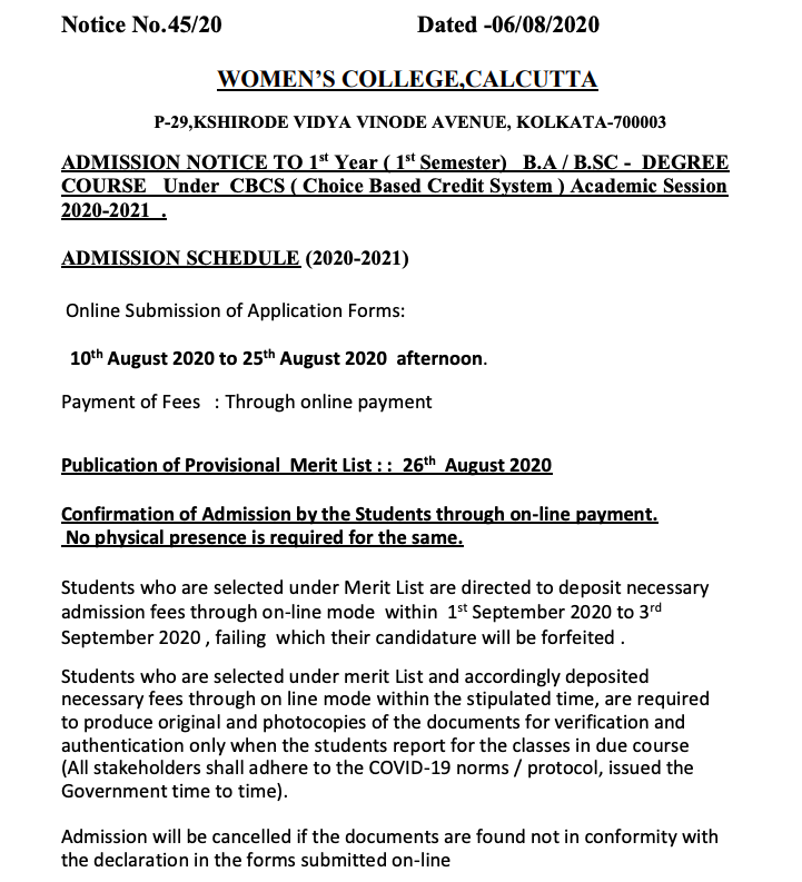 Women's College Calcutta Merit List 2020 Important Date for Admission Published here
