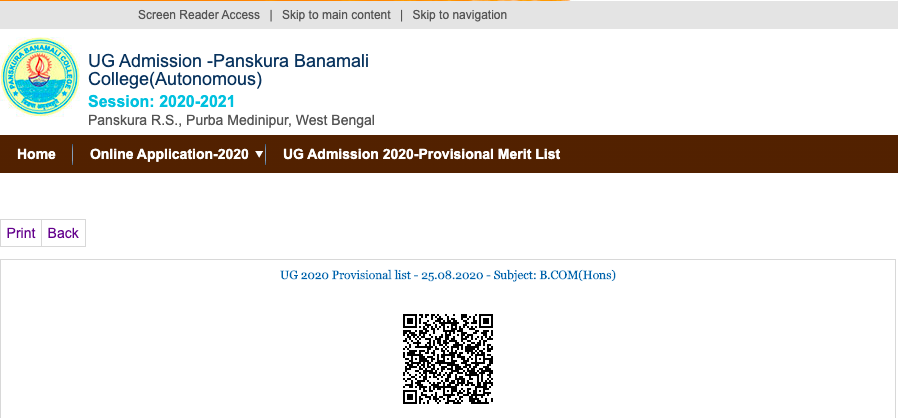 Panskura Banamali College provisional 1st admission merit list 2020-21