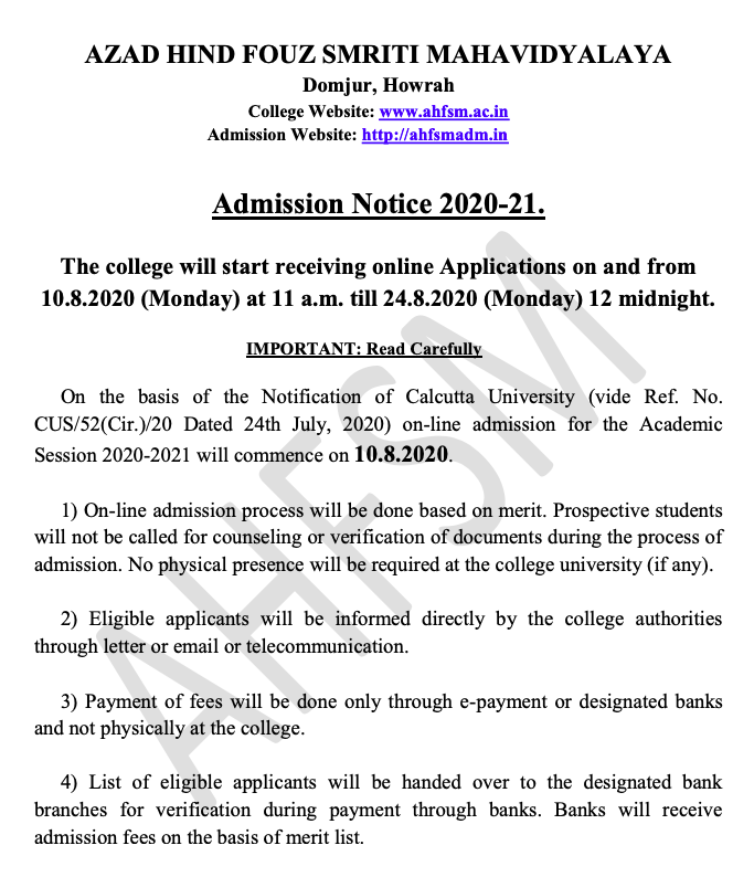 Domjur Azad Hind Fouz College Merit List Notice 2020