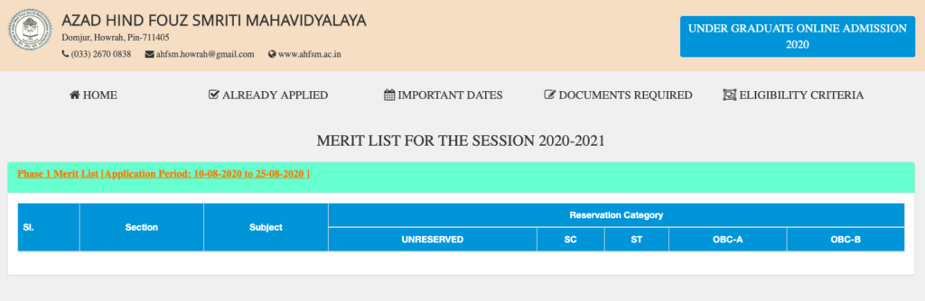 Azad Hind Fouz Smriti Mahavidyalaya Merit List 2023