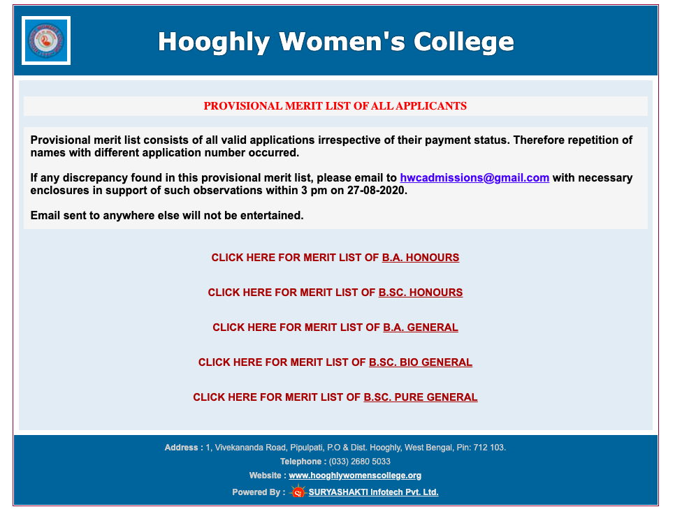 Hooghly Women's College Merit List Notice 2020-21 Provisional List Released