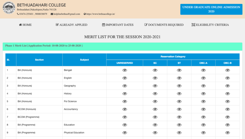 bethuadahari college merit list download link screen