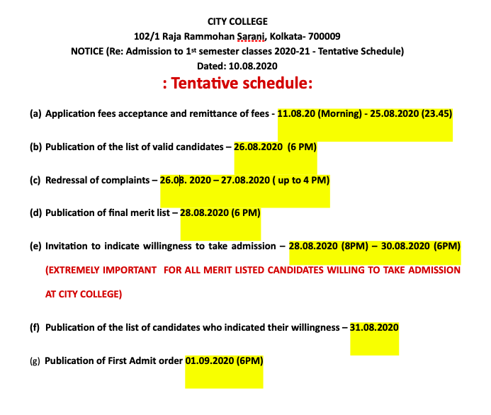 city college merit list dates notice 2020