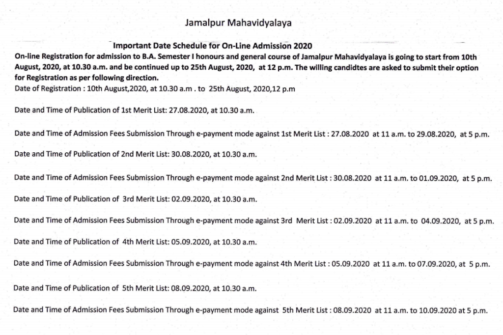 Jamalpur Mahavidyalaya Merit List 2024 Published for BA B.SC Honours & General Subjects