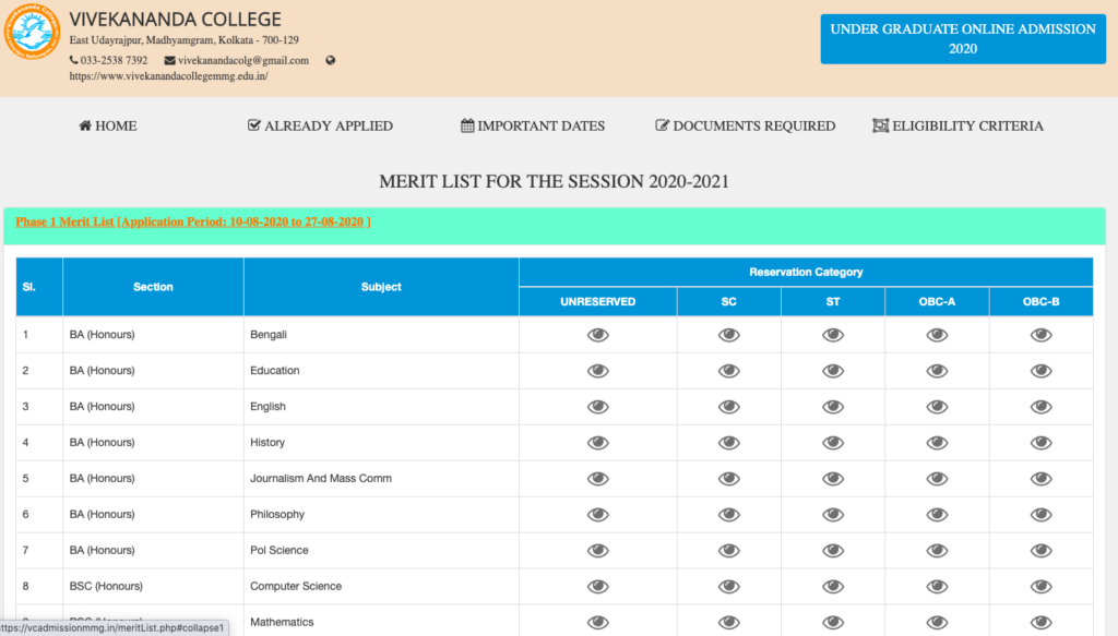 madhyamgram vivekananda college admission 2024 merit list notice