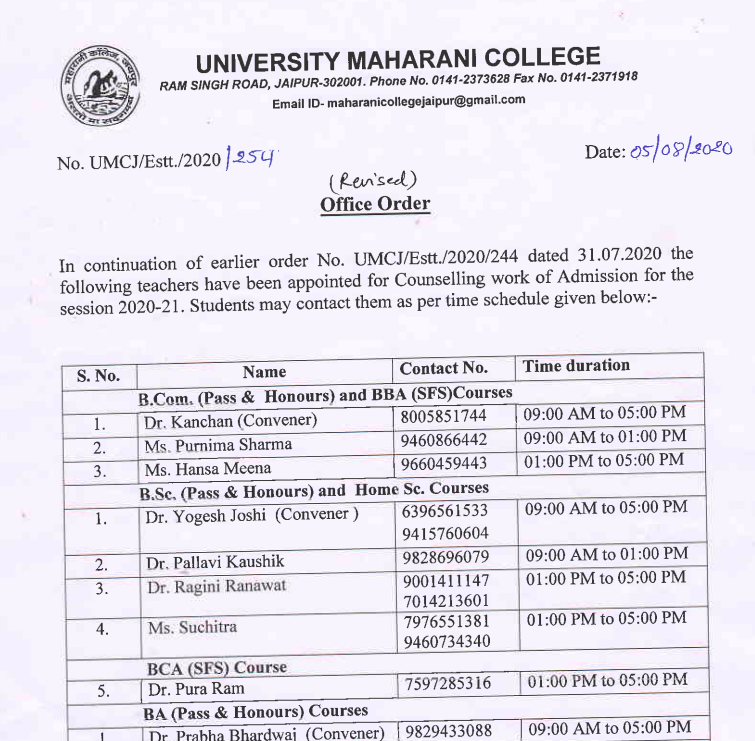 maharani college admission cut off list 2024-25 helpline numbers