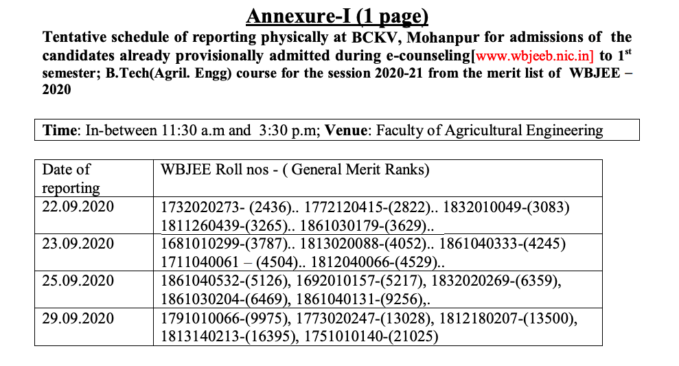 bckv reporting dates for online counselling - admission through wbjee counselling b.tech agriculture