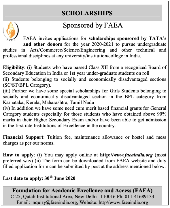 FAEA Scholarship 2023 Sponsored by  TATA any more details please visit www.jobsandhan.com