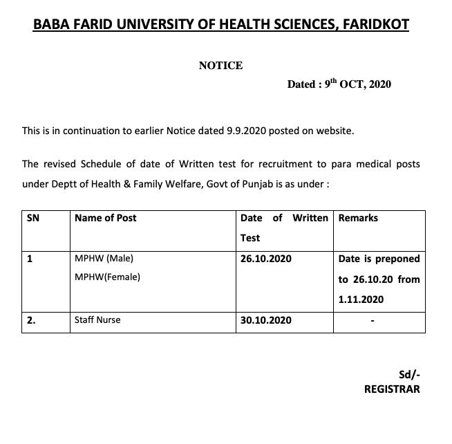 bfuhs staff nurse exam date notice released - download bfuhs admit card. the exam date is 30th October 2020