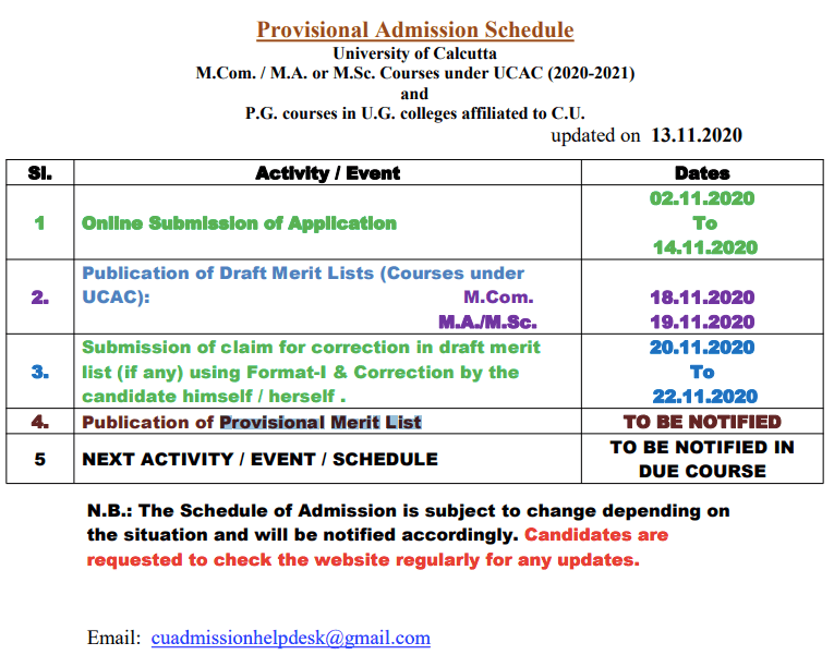 Calcutta university pg admission merit list 2020 for part A MA, MSc, MCom - download pdf