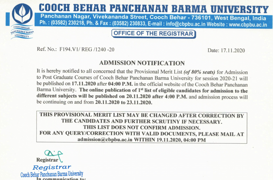 cbpbu pg merit list date notification 2020