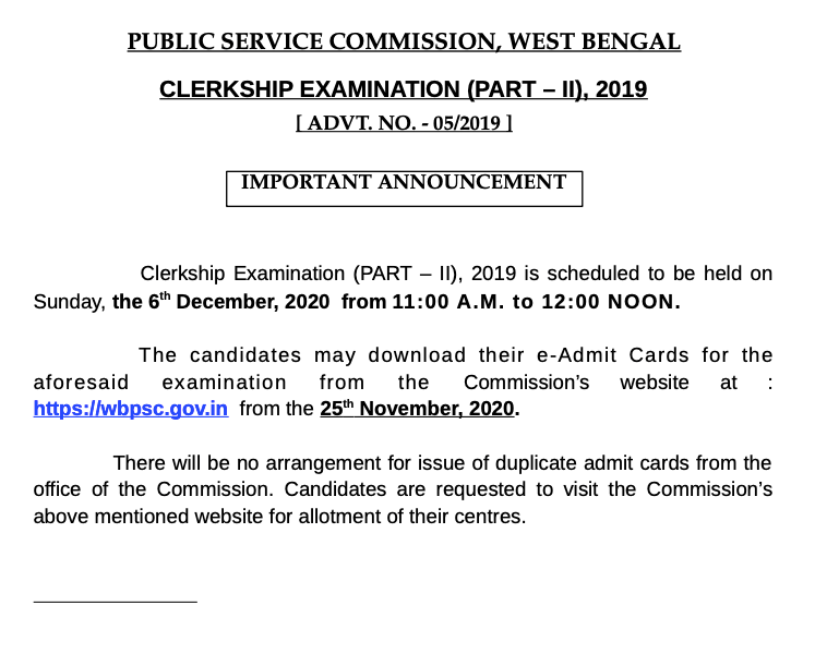 WBPSC Clerkship mains exam date notice - admit card to be published on 25 november