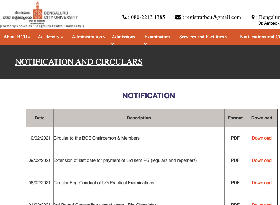 bcu exam time table downloading window