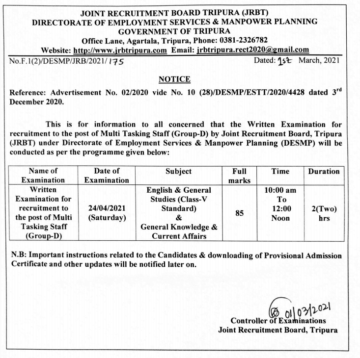 tripura jrbt mts group d posts exam date notice 2023 declared . admit card will be published soon for Tripura MTS Posts.