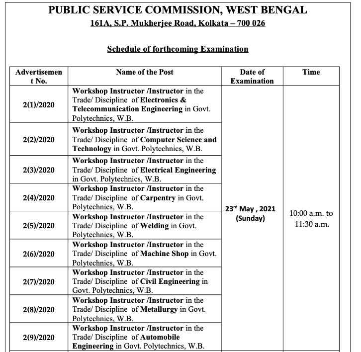 wbpsc workshop instructor exam date notice. written exam to be conducted on 23 May 2023 - admit card download link to be is
