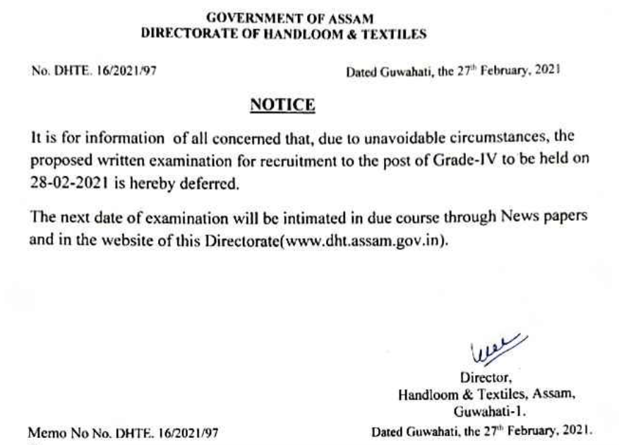 dht assam grade 4 exam date postponement notice 2024 handloom & textiles assam