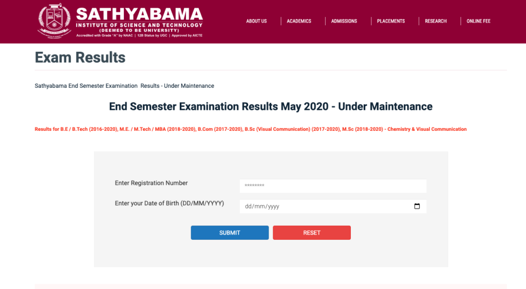 Sathyabama University Results 2023 