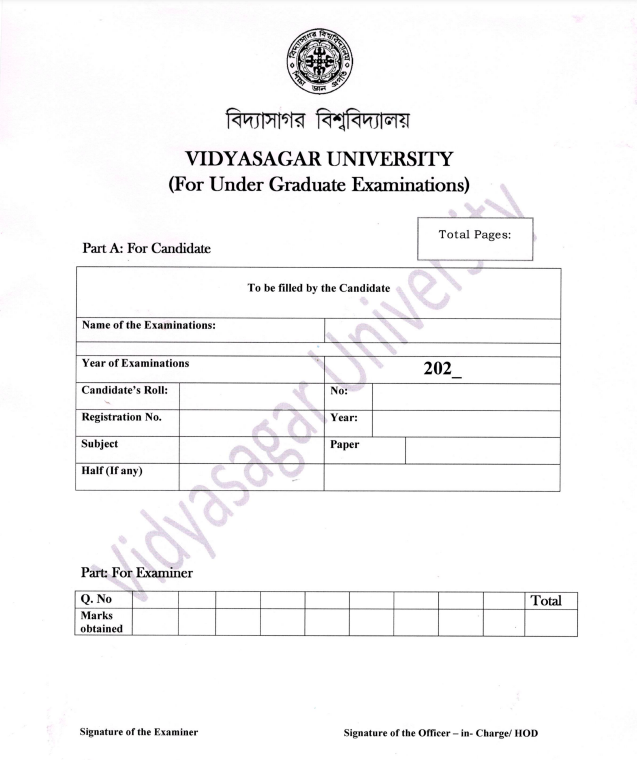 vidyasagar university online exam blank answer sheet download pdf