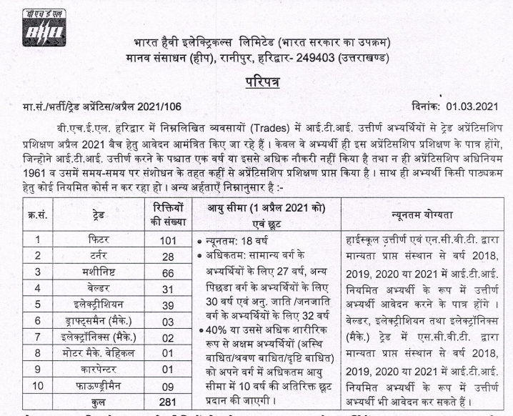 bhel haridwar trade apprentice recruitment notification in different trades april 2023 batch at hwr.bhel.com