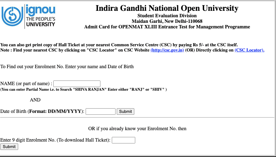 screen to download admit cards from ignou.ac.in