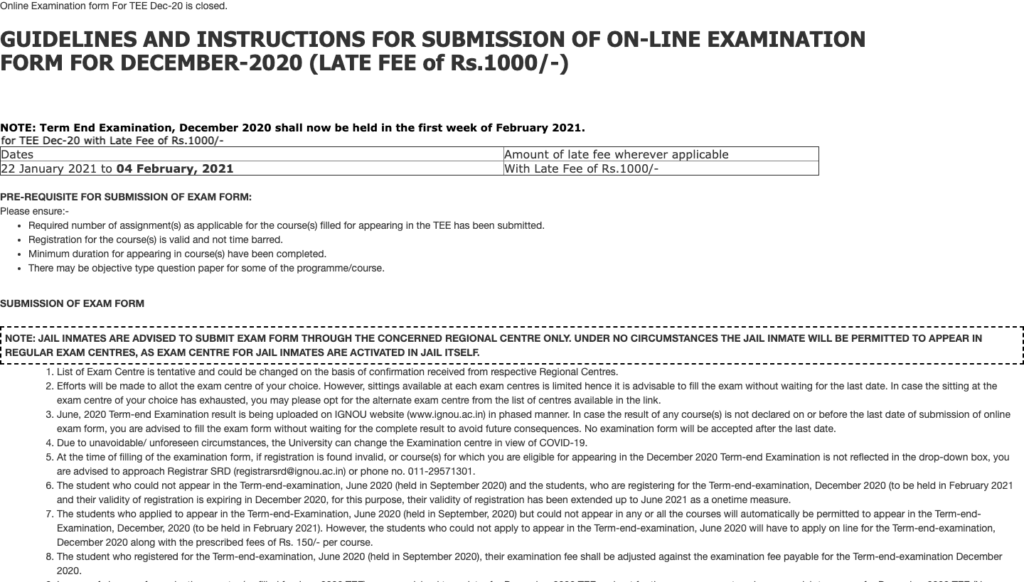 IGNOU Exam Form 2023 Submission Status, Last Date