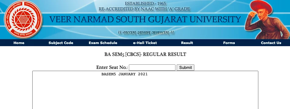 vnsgu result 2025 checking window at vnsgu.ac.in by entering seat no