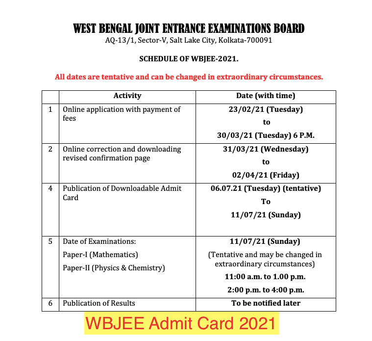 WBJEE Admit Card 2022