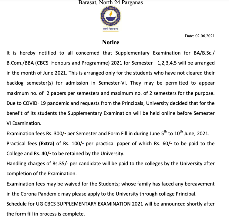 wbsu exam routine for 2023 ba bsc bcom bba supplementary exam