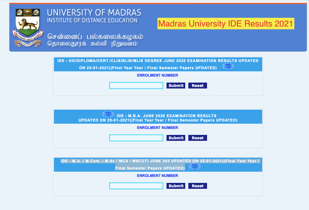 Madras University IDE Results 2022